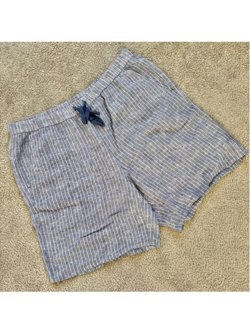 EUC Eileen Fisher Puckered Organic Linen Shorts in Ocean Stripe | Sz XL
